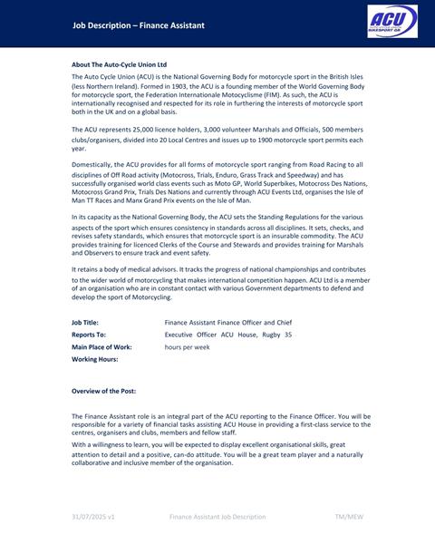 Job Vacancy: ACU Finance Assistant